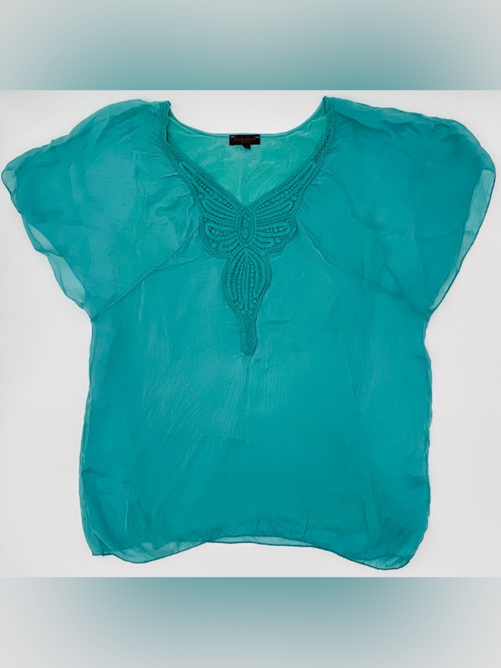 Carla Conti 100% Silk Butterfly Blouse with Crochet Trim and Lined, Size Small